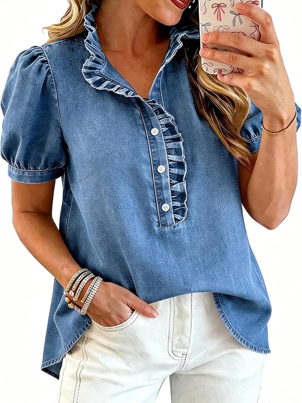 Blue Ruffle Denim Top (XL) - Picture 3 of 5